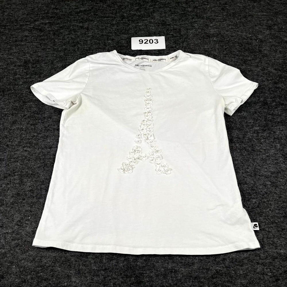 Karl Lagerfeld‎ T Shirt Womens Small White Jeweled Eiffel Tower Cotton Crew Neck